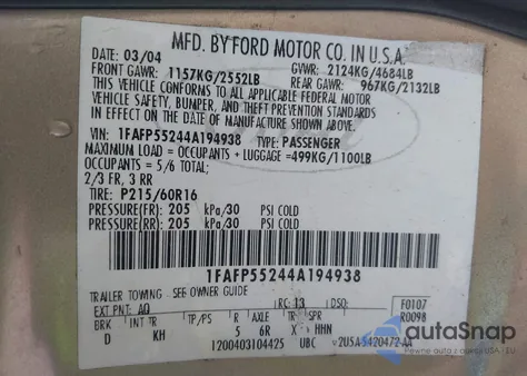 2004 Ford Taurus Ses from USA, damaged, VIN 1FAFP55244A194938